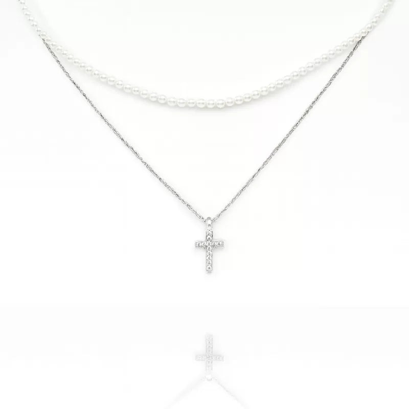 Colier dublu cu perle si pandantiv cruce din argint 925