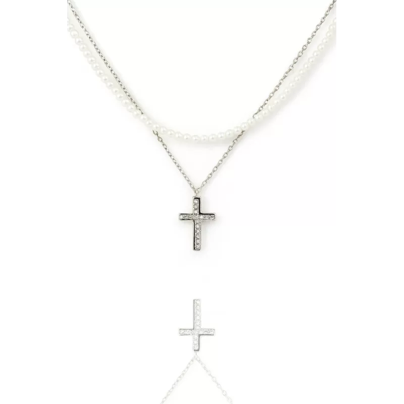 Colier dublu cu perle si pandantiv cruce din argint 925