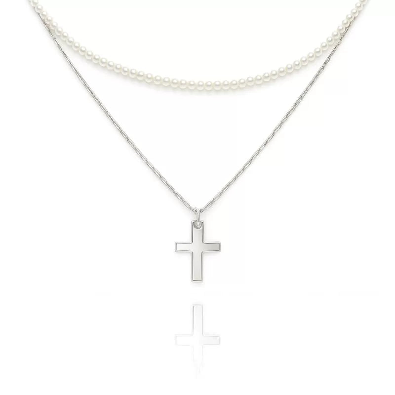 Colier dublu cu perle si pandantiv cruce din argint 925